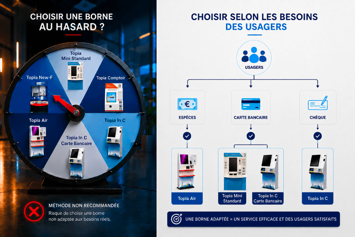 Choisir une borne de paiement selon les besoins des usagers | Bornestopia Schéma de choix d'une borne de paiement selon les besoins des usagers : espèces, carte bancaire ou chèque avec les modèles Topia Air, Topia Mini Standard et Topia In C