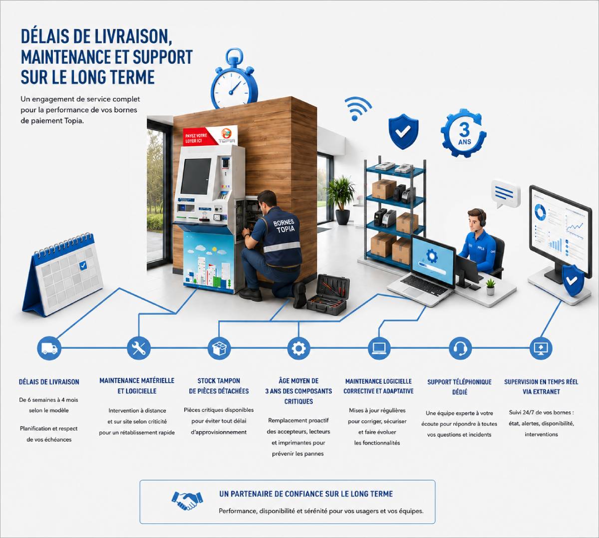 delais-livraison-maintenance-support-borne-paiement-topia Infographie présentant les délais de livraison, la maintenance, le support, le stock de pièces détachées et la supervision des bornes de paiement Topia.